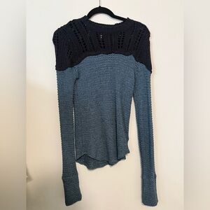 Blue & Navy Crochet Open Knit Long Sleeve Sweater – Size Large